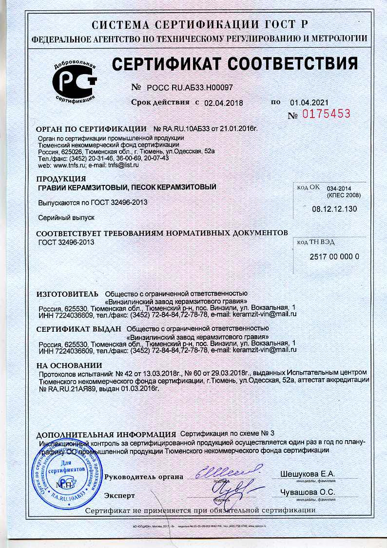 Сертификат соответствия на гравий и керамзитовый песок 2018-2021