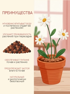 Керамзит для цветов и растений, фракция 10-20 (3 л), дренаж крупный.